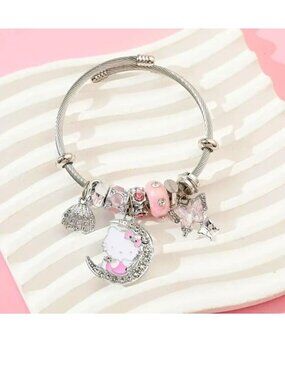 Hello Kitty Charm Bracelet Sanrio Rhinestone Moon Emo Beads Wire Rave Trendy Fun